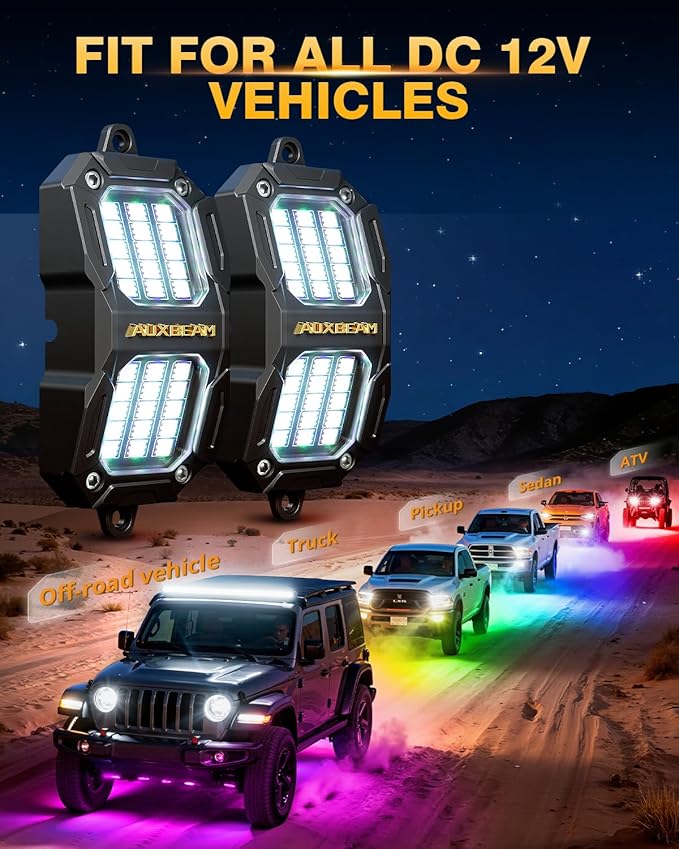 Auxbeam 8-Pod RGB LED Rock Lights w/Brake Mode 217°Dual-Side Lighting Underglow Kit w/Bluetooth APP & Remote Control Music Voice Sync Waterproof Wheel Well Lights for Trucks Offroad RV 1 Year Warranty