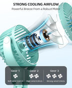 Portable Stroller Mini Fan, Small Rechargeable Personal Fan, Travel Essentials for Baby, Wagon, Car Seat, Treadmill, Battery Powered Biking Gear Accessories, 360° Rotation, 3-Speed, Display, Aqua