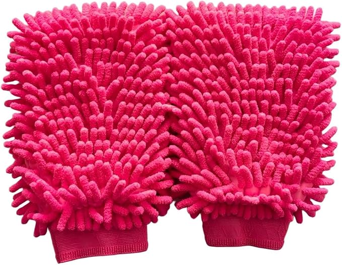 Conwork Car Wash Mitt Chenille Microfiber Golves, Ultra Soft & Scratch-Free, for Auto Detailing, Household Dusting & Multi-Surface Cleaning, 7" x 9.6"(2-Pack, Pink)