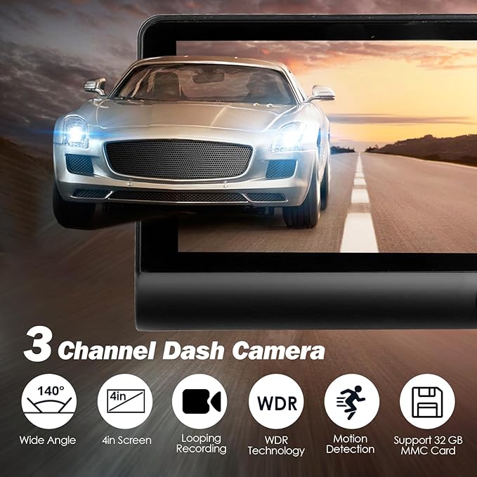 3 Channel Dash Cam Front Rear Inside, 4 inch Screen Dash Camera for Cars, 1296P Full HD Dash Cam Dual Lens Car Dash Camera with Loop Recording, Wide Angle