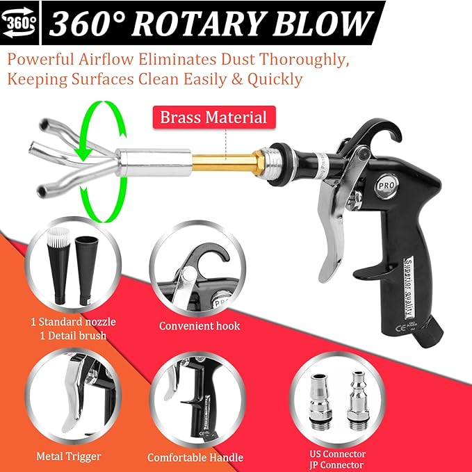 Car Cleaning Gun, Interior Detailing Dryer Air Blow Gun with 2 Nozzles, High Pressure Blower for Fast Dirt & Dust Removal, Works with Air Compressor