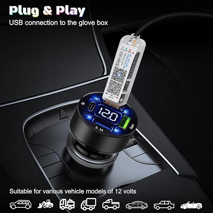Dreamcolor Acrylic Interior Car LED Strip Light with USB/Type C/4-Port Cigarette Lighter, RGB 2 in 1 with 110.2 inches LEDs Ambient Lighting Kits, Sound Active Function Neon Led Strips for Car
