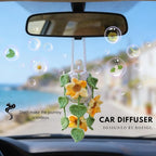 ROFIGL Handmade Crochet Hanging Car Air Freshener - Sunny Sunflower Design, 12ml Refillable Thick Glass Bottle, Car Diffuser for Rearview Mirror, Home & Office Cheerful Decor