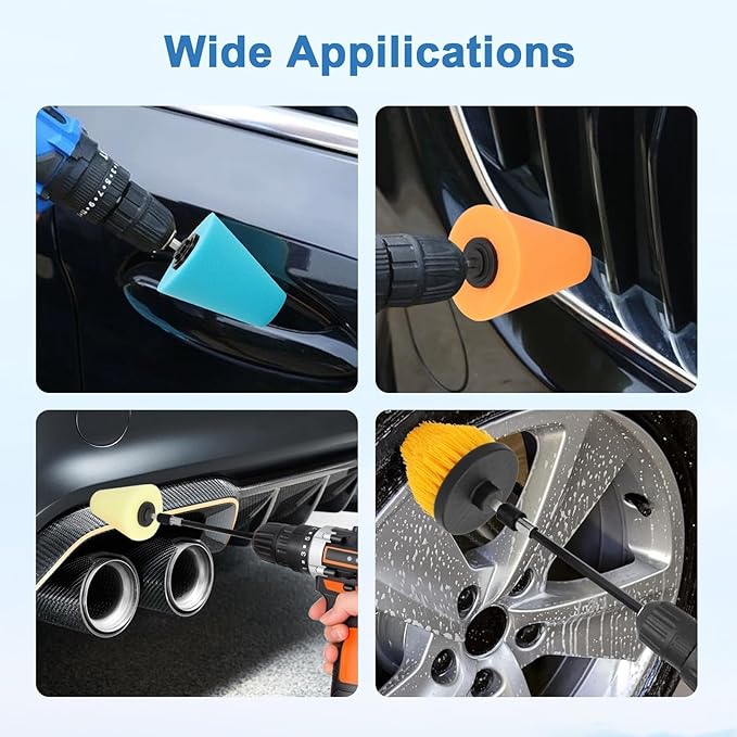 Linkstyle 5PCS Drill Polishing Cone Set, Car Wheel Polisher Sponge Pad Kit with Long Extension Pole & Cleaning Brush, Buffing Cone for 1/4" Hex Drill, Car Rim and Metal Surface Polishing Tool