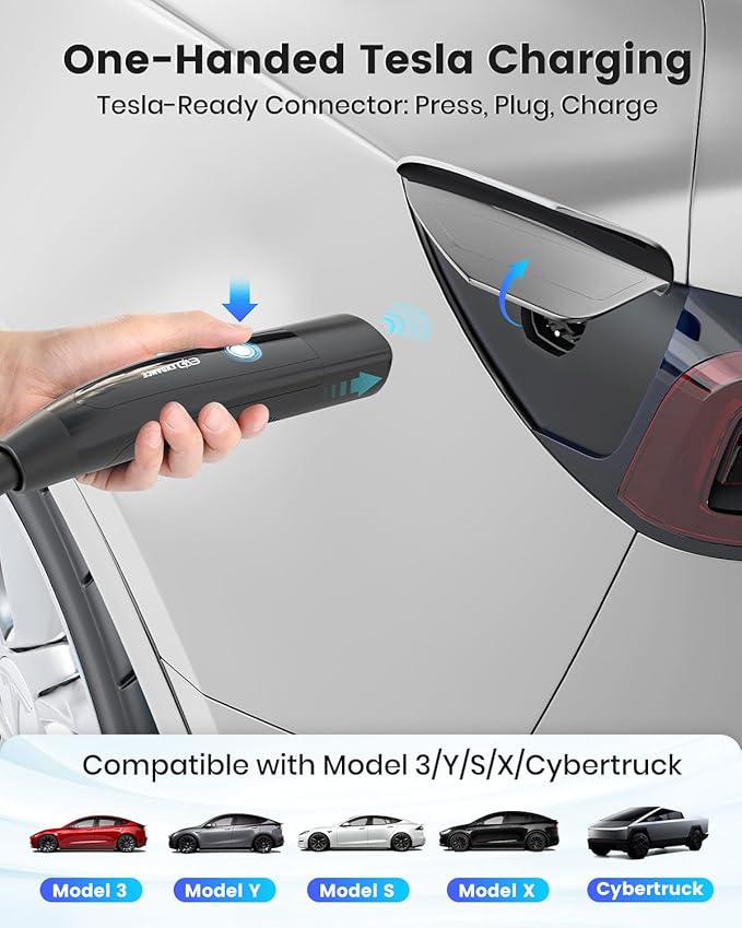 EVDANCE Level 2 EV Charger for Tesla, 24Amp 240V/25FT NEMA 10-30 Plug, 25FT Cable for Model S/3/X/Y, One-Touch Open Connector & Adjustable Current (10-24A) for Home/Garage Use, IP66 Waterproof