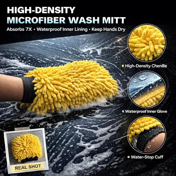 9-Piece Car Cleaning Kit - Waterproof Glove, Dual-Hardness Brushes, Flat Rim Brush & Absorbent Towel | Scratch-Free for All Vehicles, Gift for Car Enthusiasts