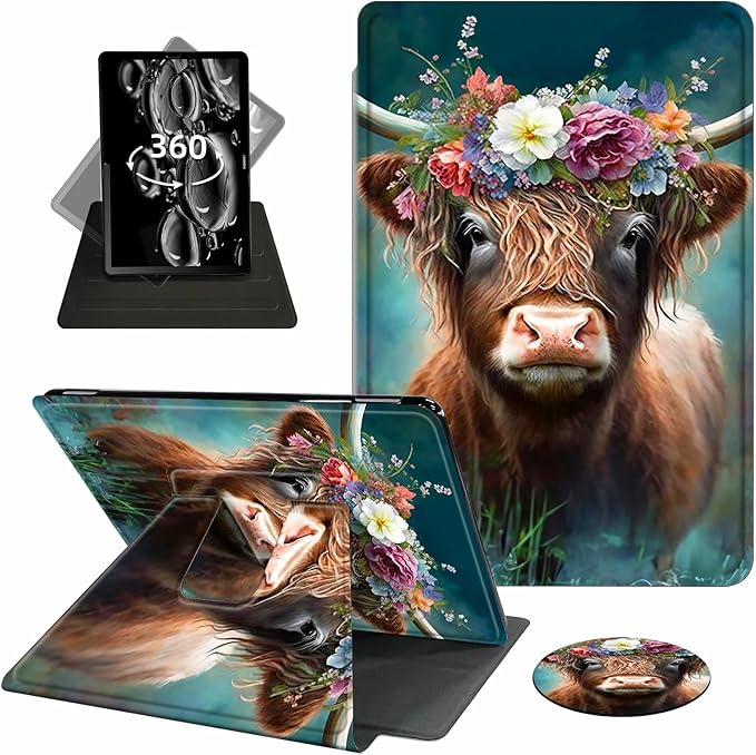 Case for Kindle Scribe,360 Degree Rotating Swivel PU Leather Stand Flip Folio Cover with Auto Wake/Sleep for Amazon Kindle Scribe Cover 10.2 Inch (2024/2022 Release),Cute Highland Cow