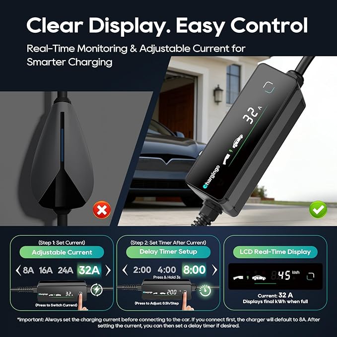 Level 2 EV Portable Charger for Tesla, 32A 240V ETL Certificated,NEMA 14-50,NACS Connector, 25FT Cable, Adjustable 16A-32A, LCD Display, Plug-and-Play Fast Charging Station for Home/Outdoor