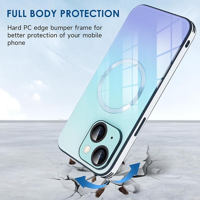 Guppy Compatible with iPhone 15 Plus Case Magnetic, with Full Camera Lens Protector [Compatible with MagSafe] Scratch Resistant Gradient Glass Back Cover Phone Case-Blue