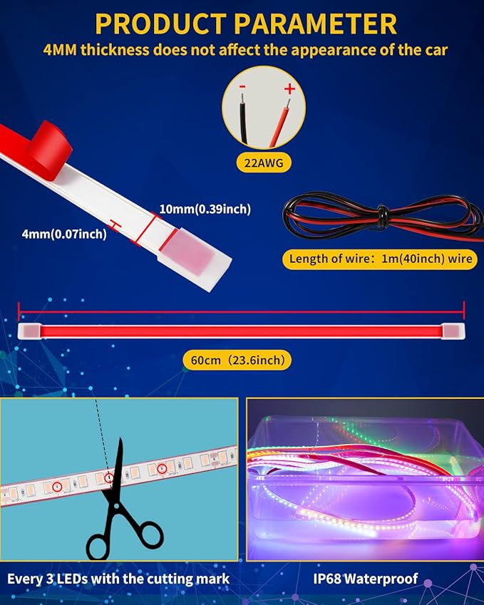 DUOFU365 Pink Led Strip Lights,24inch 12V Interior Light Strip IP68 Waterproof Cuttable for Car Motorcycles Boat Golf Cart Truck Cargo Home Decoration with Strong Nano Tape(4PCS)