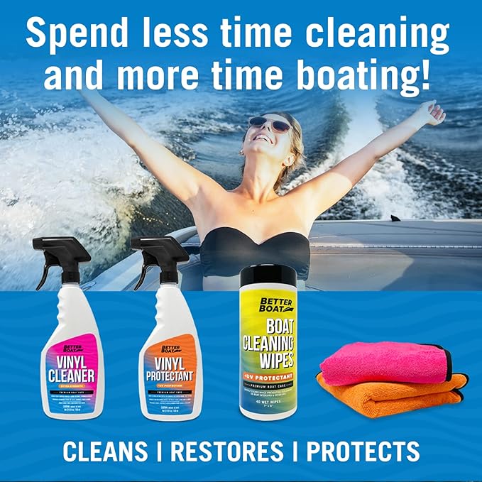 Boat Interior Cleaning Kit, Marine Vinyl Protectant and Cleaner, Wipes, Microfiber Cloths, for Boat Seats, Pontoon Accessories, Jet Ski, Car, and RV Care Supplies