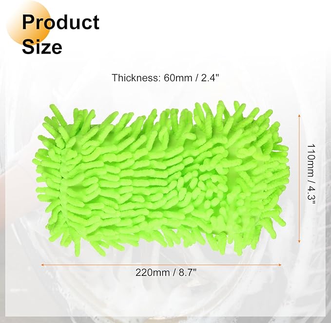 HARFINGTON Car Wash Sponge 8.7" x 4.3" Chenille Microfiber Mitt Scratch-Free Absorbent Scour Scrubber Cleaning Sponge for Washing Detailing on Cars, Trucks, SUV, Boats, Fluorescent Green
