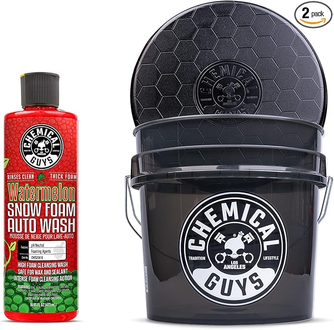 Chemical Guys CWS20816BB Basic Car Wash & Bucket Bundle - Watermelon Snow Foam Car Wash Soap, 16 oz, Watermelon Scent + Heavy Duty Smoked Obsidian Black Detailing Bucket (2 Items)