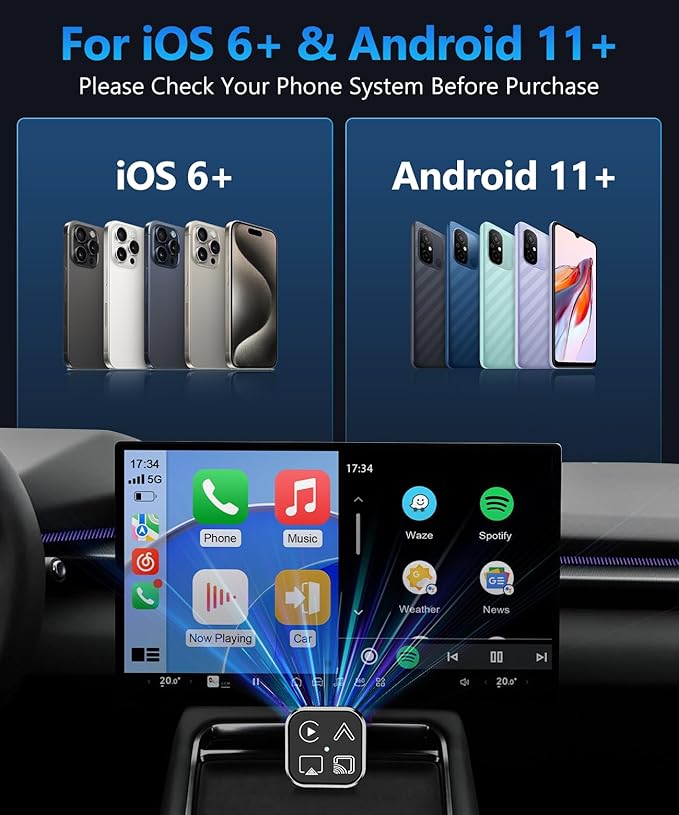 2026 4 in 1 Mini Wireless CarPlay Android Auto Adapter, Support AirPlay MirrorLink, Convert Wired to Wireless, Auto Connect for Daily Commute, Plug and Play Dongle (Gunmetal Grey)