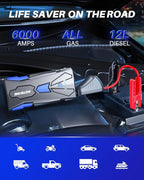 AUTOONE 6000A Car Battery Jump Starter Up to All Gas & 12L Diesel Engine, Car Battery Jumper Starter Portable 12V Jump Box with USB Output, Storage Case, LED Flashlight