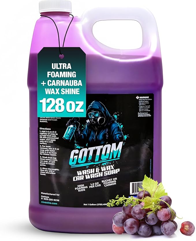 Gottom Car Wash Soap & Wax, (128 oz), Frozen Grape Scent - Ultra Foaming Car Shampoo for Foam Cannon & Bucket Wash, Carnauba Wax Formula for a Glossy Finish, High Suds & Safe for Paint