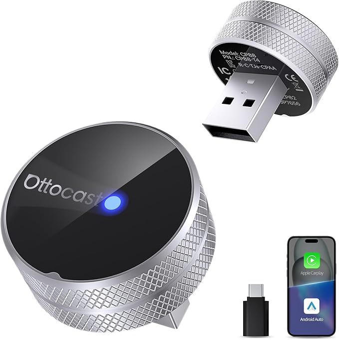 OTTOCAST Mini Tube 2026 Wireless CarPlay & Android Auto Adapter, Plug & Play Auto Connect, 5GHz WiFi Stable Performance, Compatible with iPhone & Android, Premium Aluminum Build