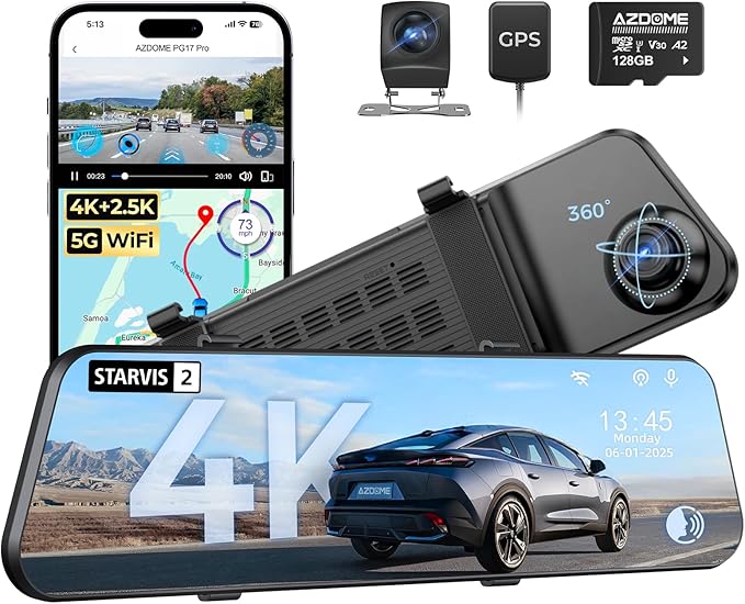 AZDOME PG17 Pro 4K+2.5K Mirror Dash Cam with STARVIS 2 & 5G WiFi Rear View Mirror Camera, OTA Upgraded, Parking Assist, Voice Control, 128GB Card - Mirror Dash Cam with 12-Inch Touch Screen