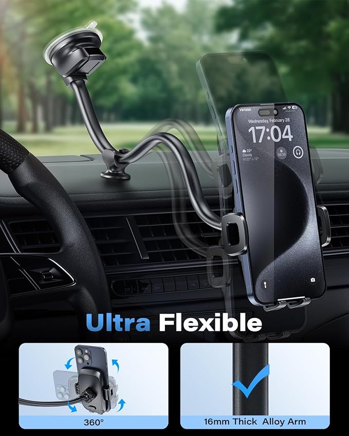 1Zero Solid Car Truck Phone Mount Holder with 14-Inch Gooseneck Long Arm, Windshield Window Mobile Holders w/Industrial-Strength Suction Cup, Anti-Shake Stabilizer Compatible All Cell Phones iPhone