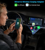 KAIY Wireless CarPlay Adapter for iPhone, 2-in-1 Android Auto Wireless Dongle for Wired Cars, Compatible with Apple CarPlay & Android Auto, No Lag USB A/C Plug & Play Stable Connection