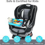 Car Seat Snack Tray for Toddlers - 3 Inch Cup Holder Fits Most Sippy Cups & Straw Bottles with Dip Well, Mess-Free Square Kids Travel Tray Road Trip Essentials, Sky Blue