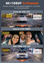 4K 3 Channel Dash Cam Front and Rear Inside, Dash Camera for Cars WDR Night Vision, 2 Inch IPS Screen WiFi App Control, 24H Parking Mode G-Sensor 32GB SD Card Included Support 256 GB Max