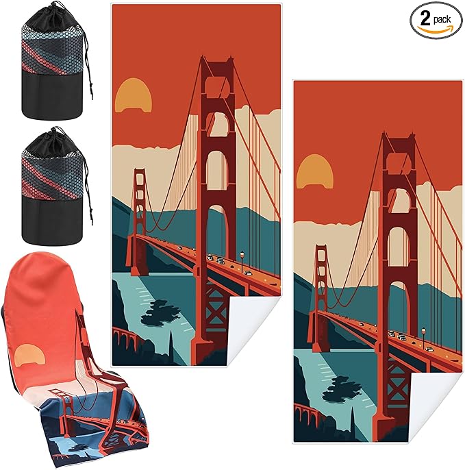 Hahafelt 2 Pack Car Seat Towel Covers with Storage Bag, 63 x 32 Inch Universal Non Slip Waterproof Sweat Protector for Car Truck, Gym Swimming Running, Machine Washable (Golden Gate Bridge)