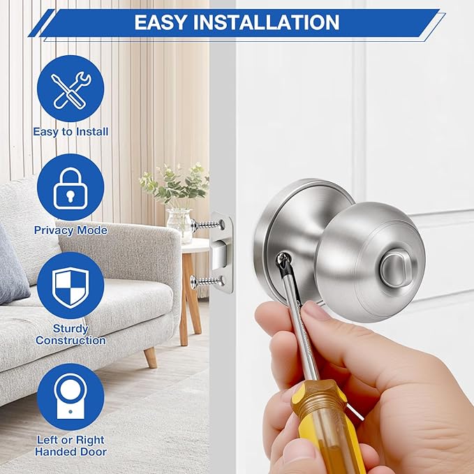 Plustool 8 Pack Brushed Nickel Door Knobs,Privacy Door Knob with Lock, Interior Doorknobs Silver, Keyless Door Locks Set for Bedrooms Bathrooms, Reversible for Left/Right Door Handle