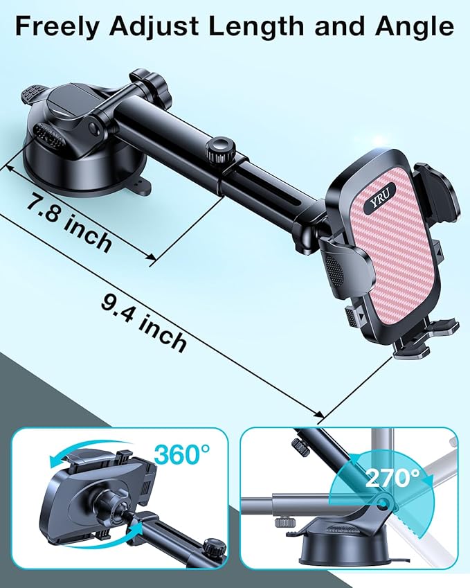 YRU True Military-Grade [360° Rotation Suction] 2026 Ultimate Car Phone Holder Mount 【90+LBS Safest Strongest & Patent Certs】 Dashboard Windshield Vent for iPhone 17 16 Pro Max Samsung, Pale Pink