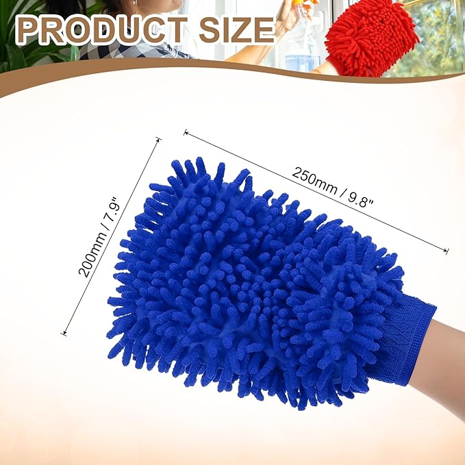 HARFINGTON 2pcs Premium Chenille Microfiber Car Wash Mitts 9.8" x 7.9" Scratch Free Wash Gloves Absorbent Double Sided Plush Cleaning Drying Mitts for Car Washing Home Blue