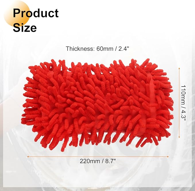 HARFINGTON Car Wash Sponge 8.7" x 4.3" Chenille Microfiber Mitt Scratch-Free Absorbent Scour Scrubber Cleaning Sponge for Washing Detailing on Cars, Trucks, SUV, Boats, RVs, Red