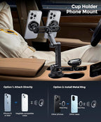 Dual Car Cup Phone Holder - Holds 2 Phones Simultaneously, 1-Second Grab & Release, 360° Rotatable, car Phone Mount Compatible with MagSafe，Fits iPhone/Samsung & 4.0-7.0 Inch Smartphones
