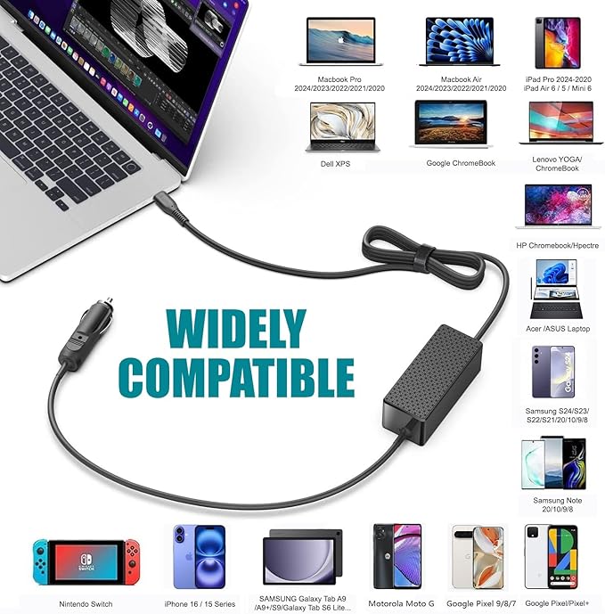HKY Laptop Car Charger USB C PD 100W 95W 90W 65W 45W DC Adapter for Lenovo Thinkpad/Yoga/IdeaPad,Dell Latitude/XPS,LG Gram,MacBook Pro/Air,HP Spectre/Elitebook,Surface,Acer,Asus,MSI,Chromebook Charger
