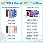 10FT iPhone 16 15 Charger Fast Charging,2Pack 20W Type C Chargers USB C Block 10Foot USB C to USB C Woven Cable, Apple i Phone 16 Charger for iPhone 16/16 Plus/16 Pro/16 Pro Max/iPhone 15 Pro Max/iPad
