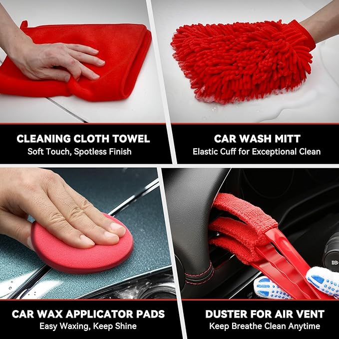 Auto Dynasty 19 Pieces Car Detailing Kit Wash Cleaning Tool Kit and Detailing Brush Set with Carry Bag Universal For Interior, Exterior, Wheels and Air Vent, Red