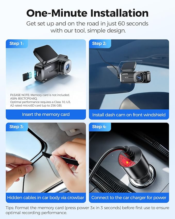 AZDOME 4K Dash Cam Front, Voice Control Dash Camera for Cars, WiFi 6 Mini Dashcam with APP Live Chat Support, Car Camera, Loop Recording, G-Sensor, 24H Parking Mode, Support 256GB Max Easy to Install