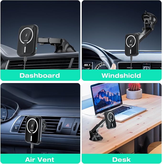 MAGJIEYX for MagSafe Car Mount Charger, (15W Fast Charging) Magnetic Wireless Charging Phone Holder Fits iPhone 16/15/14/13/12 Pro Max Plus/MagSafe Case on Dash/Windshield/Air Vent/Desk Bumpy Roads