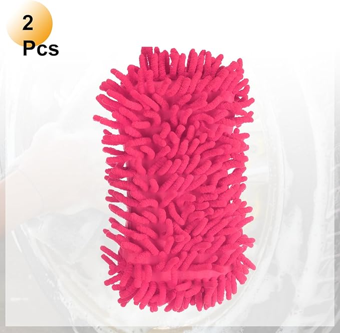 HARFINGTON 2pcs Car Wash Sponge 8.7" x 4.3" Chenille Microfiber Mitt Scratch-Free Absorbent Scour Scrubber Cleaning Sponge for Washing Detailing on Cars, Trucks, SUV, Boats, RVs, Pink