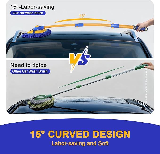 15° Curved Car Wash Brush with 43" Telescopic Handle – Microfiber Chenille Car Wash Mop for RV, SUV, Truck & Boat – Soft, Scratch-Free Extendable Cleaning Tool (Blue&Yellow)