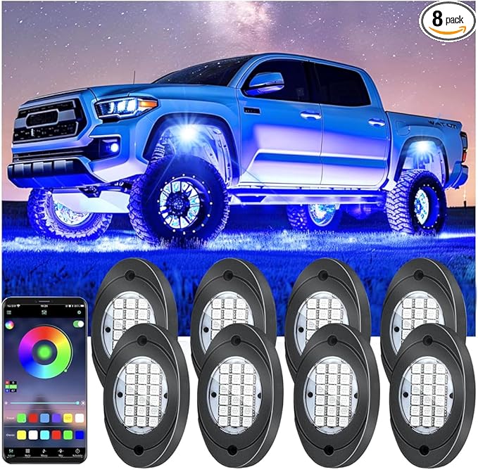 8 Pods RGB LED Rock Lights, Underglow Multicolor Neon Light Kit Wheel Well Light with APP Control & Music Mode, Under Glow Lights for Trucks,Jeep,SUV,Golf Cart,ATV,Pickup Off Road,12 V