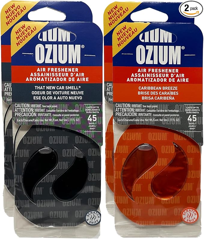 Ozium Paper Membrane Hanging Car Air Freshener - Automotive Air Fresheners and Odor Eliminator for Car (2 New Car + 2 Caribbean Breeze, 2 Packs Combo Kit)