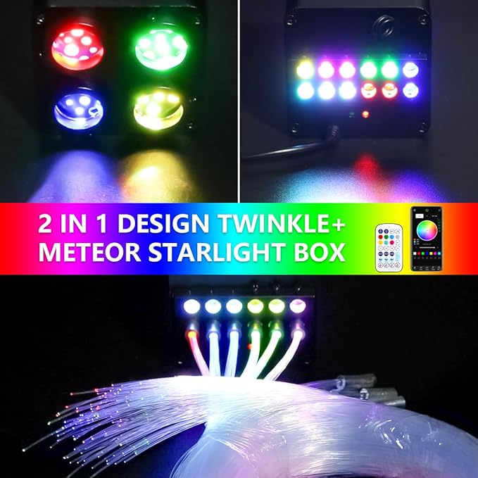 AMKI Updated 4Color Meteor Twinkle 36w Starlight Headliner Kits 800pcs 0.03in 13.1ft, 240pcs RGB Meteor Shooting Star Cable, 2 in 1 Fiber Optic Light Box RGBW Sound Activated Mode for Car& Home Decor