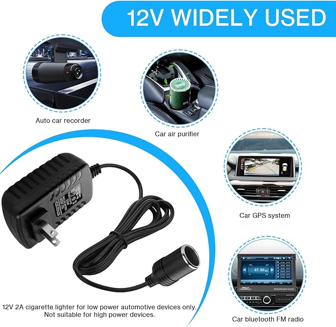 AC to DC Converter 2A 24W Car Cigarette Lighter Socket Adapter Power Cable 110-240V to 12V AC/DC for Automobile Home Use Car to Wall Plug（Under 24W only） (Pack of 2)