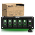 Nilight 5 Gang Rocker Switch Panel Green Backlit with 4.8 Amp Dual USB Charger Voltmeter Waterproof 12V 24V DC Night Glow Stickers for Car Trucks Boats RVs