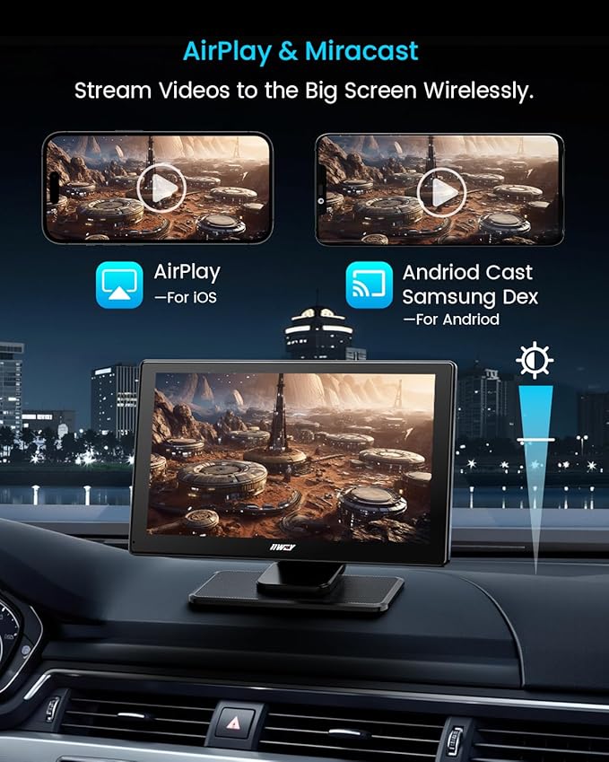 IK5 9" Wireless Apple CarPlay & Android Auto Screen, Portable Car Stereo with 4K Dash Cam & 1080p Backup Camera, Add CarPlay to Any Vehicle, Touchscreen, Mirror Link