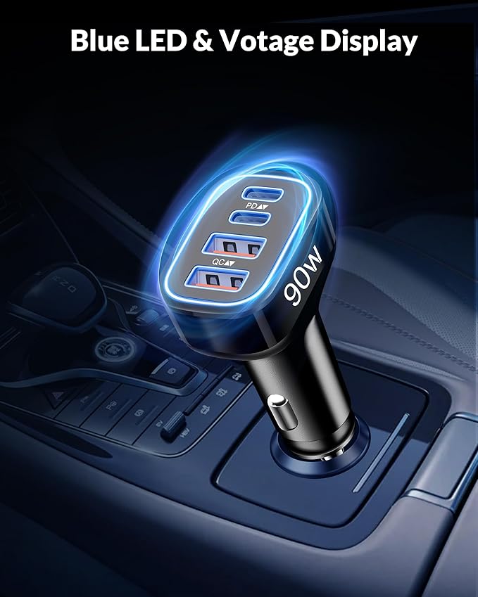 [4 in 1] USB C Car Charger, 4-Port 90W Super Fast Charging Cigarette Lighter USB Charger Multiport Car Phone Adapter Accessories for iPhone 17 16 15 14 13 12 Pro Max, iPad, Galaxy S26 S25 S24, Android