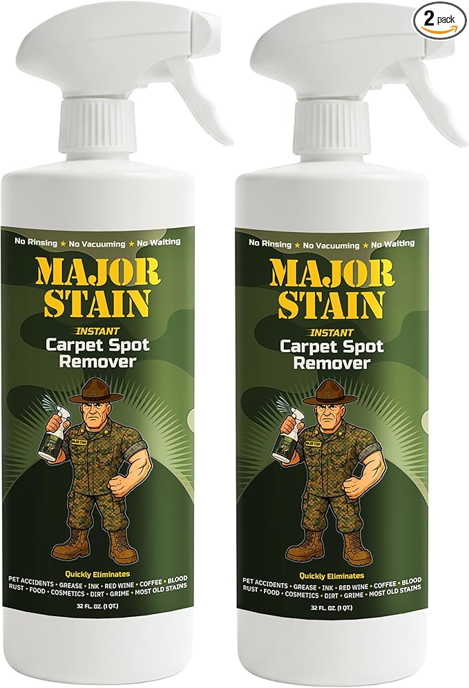 Major Stain Carpet Stain Remover Spray 32oz (2 Pack) – Powerful Cleaner & Spot Remover for Upholstery, Rugs & Fabric – Removes Wine, Coffee, Grease & Food Stains – Fragrance Free