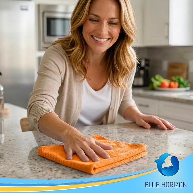 Blue Horizon Microfiber Cleaning Towels, Pack of 24, Ultra Soft Plush Washcloth, All Purpose Premium Microfiber Detailing Cleaning Cloths Reusable Shop Towels (16" x 16", Orange)