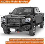 Hooke Road 16-18 Sierra Front Bumper Grille Brush Guard Push Bull Bar for 2016-2018 GMC Sierra 1500, Off-road Heavy Duty Steel Bumper with Winch Plate, D-ring Mounts & LED Lights