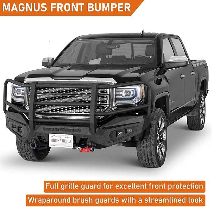 Hooke Road 16-18 Sierra Front Bumper Grille Brush Guard Push Bull Bar for 2016-2018 GMC Sierra 1500, Off-road Heavy Duty Steel Bumper with Winch Plate, D-ring Mounts & LED Lights
